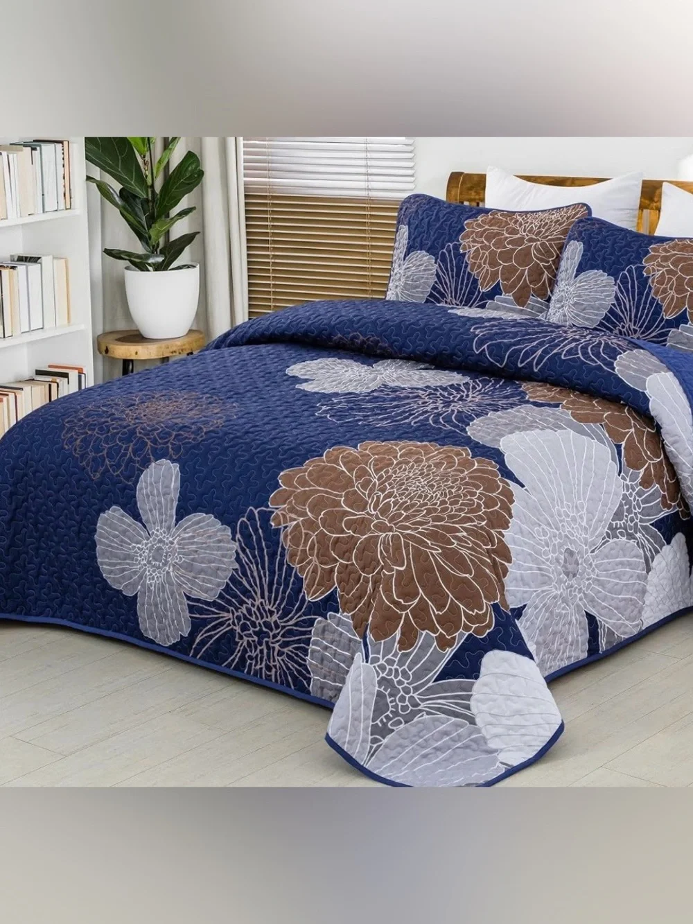 Anibedding Navy Floral Quilt Set with Brown & Gray Accents Queen Quilt w Shams